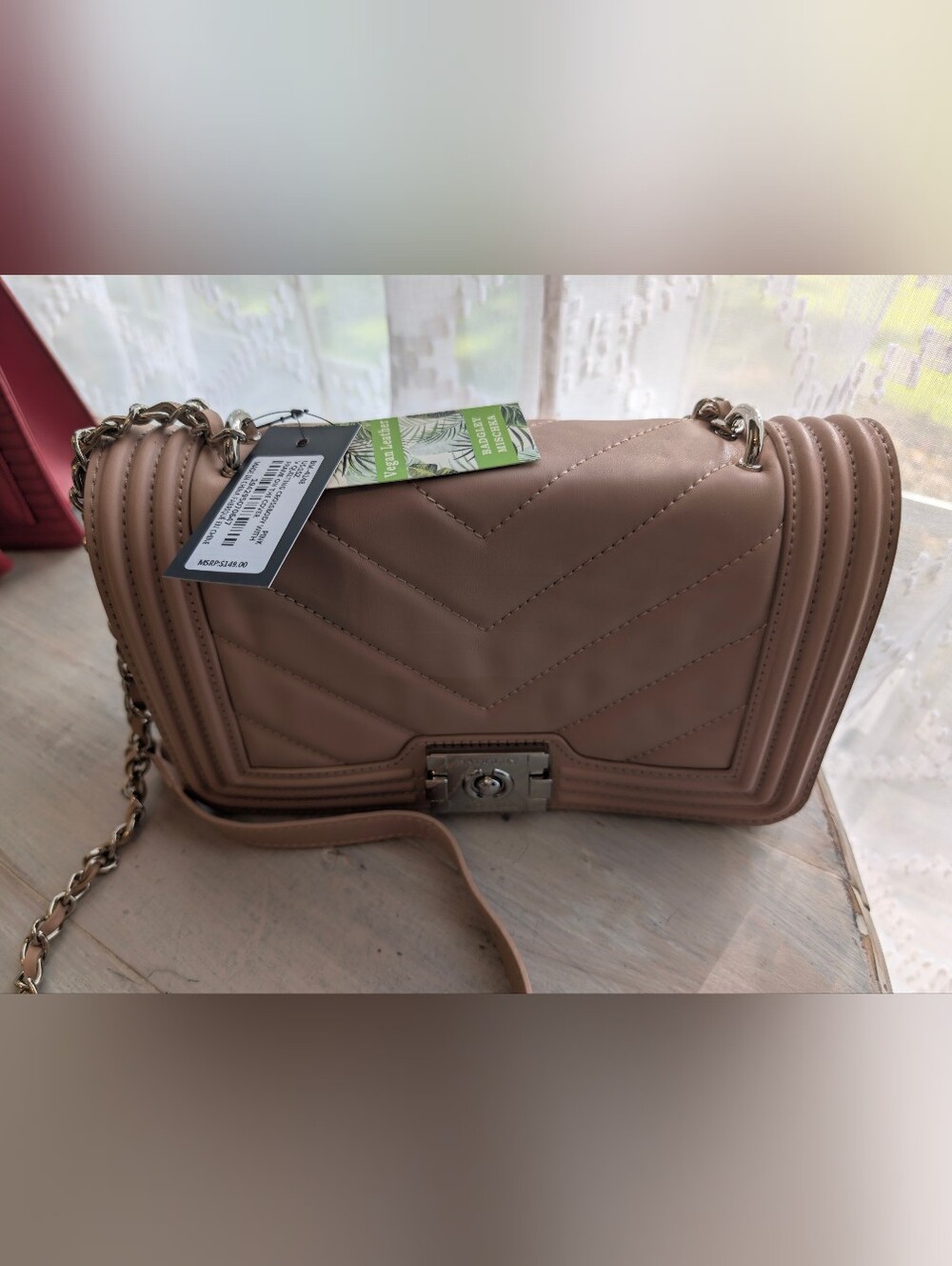 Badgley Mischca Quilted Chevron Shoulder Bag in Mauve Taupe - Chain Strap